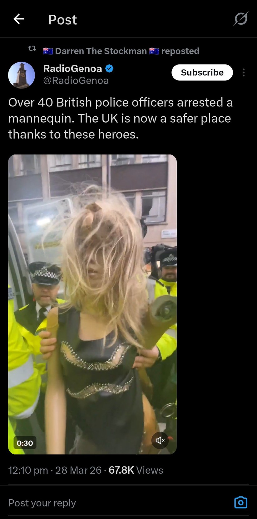 Over 40 British police officers arrested a mannequin. The UK is now a safer place thanks to these heroes.