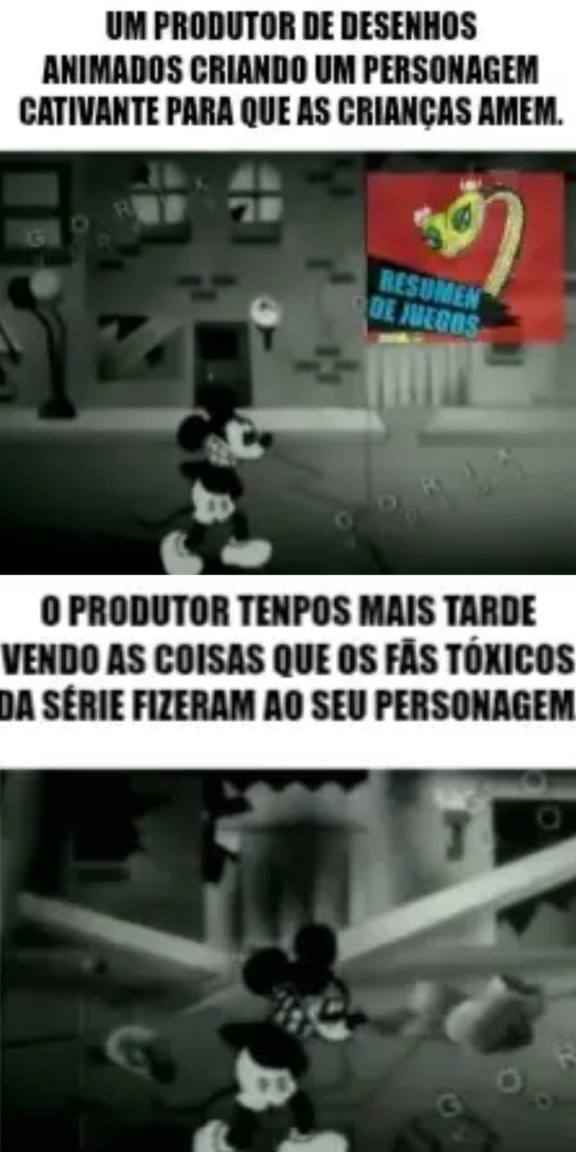 UM PRODUTOR DE DESENHOS ANIMADOS CRIANDO UM PERSONAGEM CATIVANTE PARA QUE AS CRIANÇAS AMEM. RESUMO DE JOGOS. O PRODUTOR TEMPOS MAIS TARDE VENDO AS COISAS QUE OS FÃS TÓXICOS DA SÉRIE FIZERAM AO SEU PERSONAGEM.