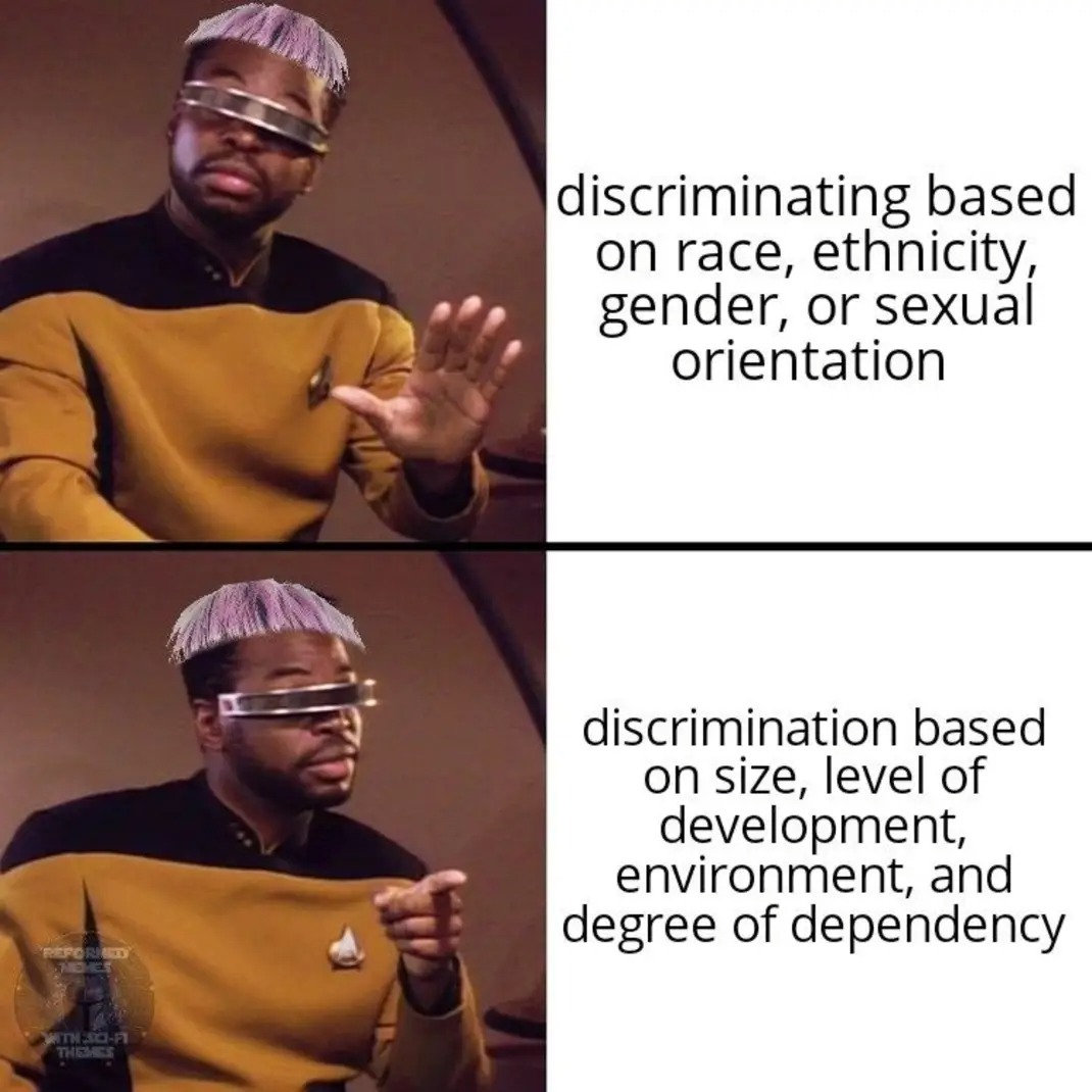 discriminating based on race, ethnicity, gender, or sexual orientation. discrimination based on size, level of development, environment, and degree of dependency. REFORMED MEMES WITH SCI-FI THEMES.