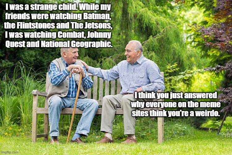 I was a strange child. While my friends were watching Batman, the Flintstones and The Jetsons, I was watching Combat, Johnny Quest and National Geographic. I think you just answered why everyone on the meme sites think you're a weirdo.