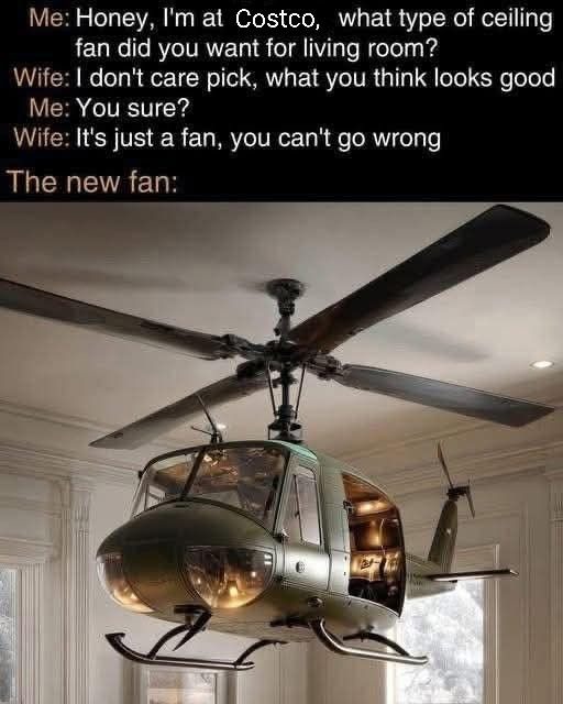 Me: Honey, I'm at Costco, what type of ceiling fan did you want for living room?
Wife: I don't care pick, what you think looks good
Me: You sure?
Wife: It's just a fan, you can't go wrong
The new fan: