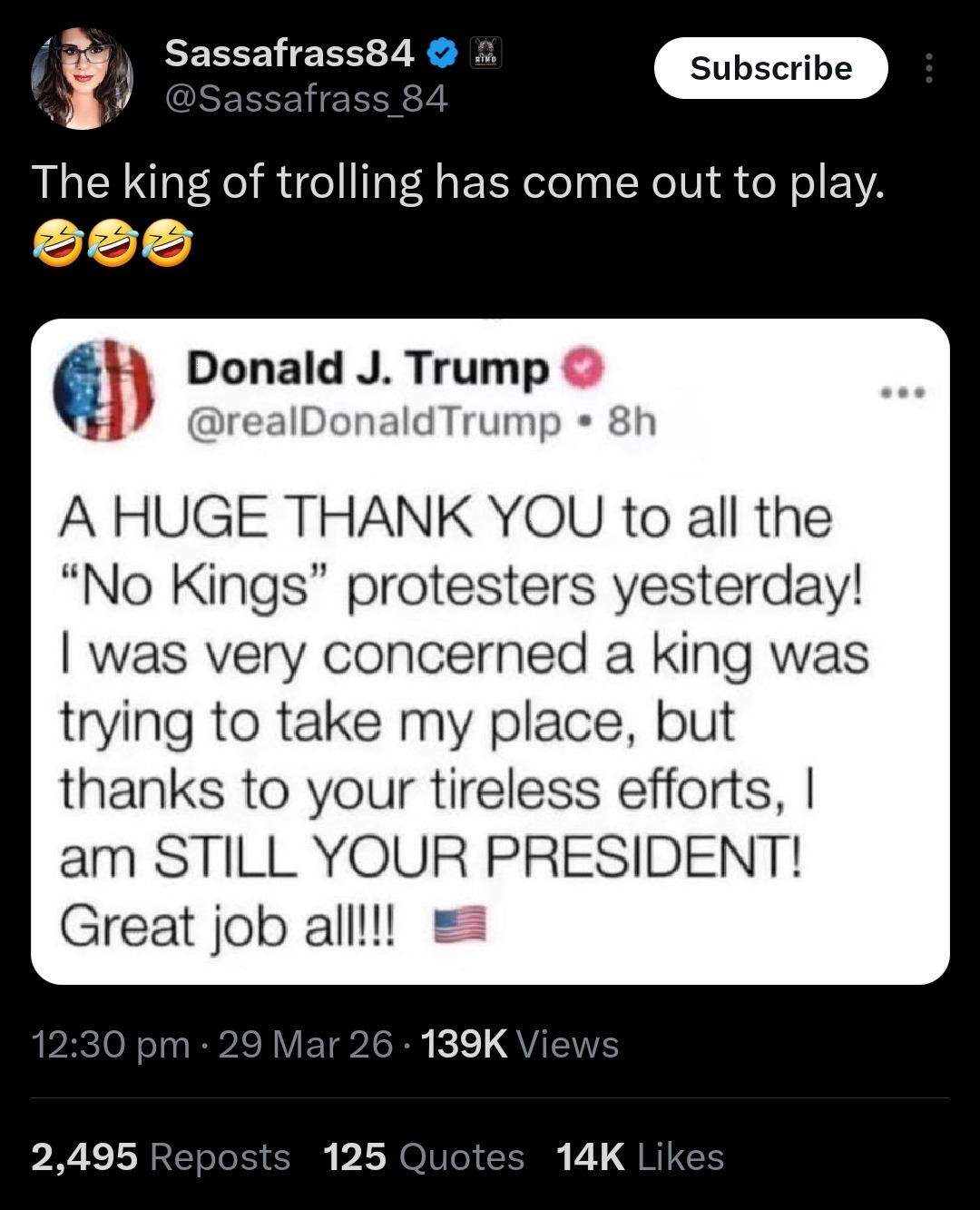 Sassafrass84: The king of trolling has come out to play. Donald J. Trump: A HUGE THANK YOU to all the 