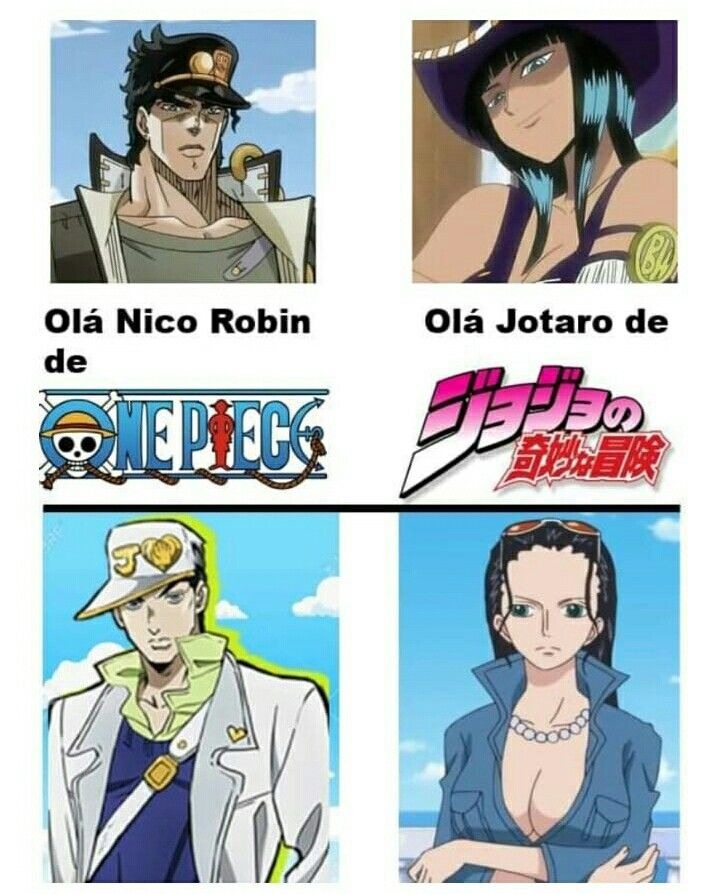 Olá Nico Robin de One Piece. Olá Jotaro de JoJo's Bizarre Adventure. A imagem mostra Jotaro Kujo de JoJo's Bizarre Adventure e Nico Robin de One Piece. Abaixo, eles são retratados trocando de estilo/roupas.