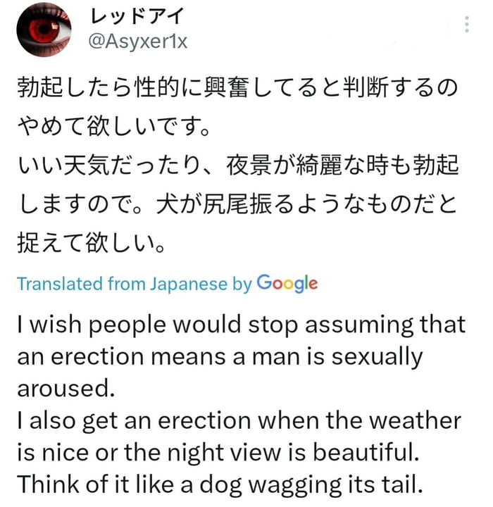 I wish people would stop assuming that an erection means a man is sexually aroused. I also get an erection when the weather is nice or the night view is beautiful. Think of it like a dog wagging its tail.