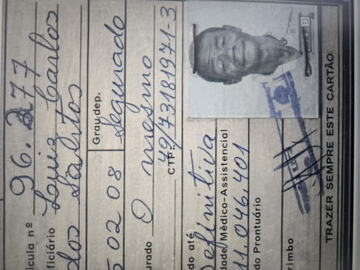 Matrícula nº 96.277. Beneficiário: Luiz Carlos dos Santos. Grau, dep.: Segurado. do até: Definitiva. Idade/Médico-Assistencial: 11.046.401. do Prontuário. Carimbo. TRAZER SEMPRE ESTE CARTÃO. CTPS: 49/73181971-3. Segurado: O mesmo. 5 02 08.