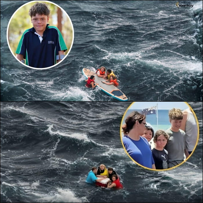 A boy with crutches is shown in a portrait. In the main image, a group of children wearing life vests are on a paddleboard in rough ocean waters. Another image shows people in the water around a floating object, and a group of people on a beach with an Australian flag in the background. The logo 'brainymonkey' is visible.