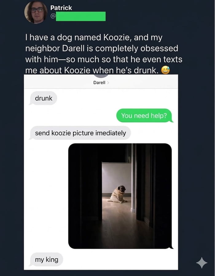 Patrick: I have a dog named Koozie, and my neighbor Darell is completely obsessed with him—so much so that he even texts me about Koozie when he's drunk. 🤪 Darell: drunk. Patrick: You need help? Darell: send koozie picture immediately. Darell: my king.