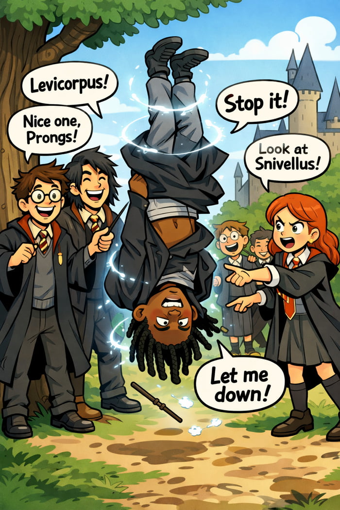 Levicorpus! Nice one, Prongs! Stop it! Look at Snivellus! Let me down!