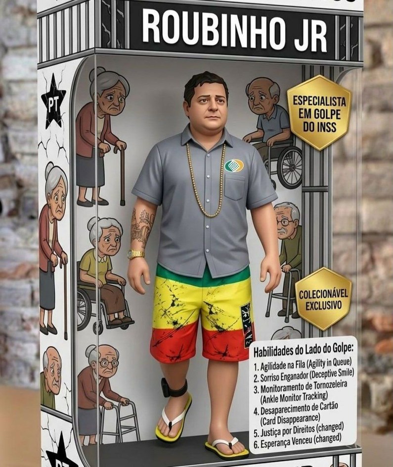 ROUBINHO JR PT ESPECIALISTA EM GOLPE DO INSS COLECIONÁVEL EXCLUSIVO Habilidades do Lado do Golpe: 1. Agilidade na Fila (Agility in Queue) 2. Sorriso Enganador (Deceptive Smile) 3. Monitoramento de Tornozeleira (Ankle Monitor Tracking) 4. Desaparecimento de Cartão (Card Disappearance) 5. Justiça por Direitos (changed) 6. Esperança Venceu (changed)