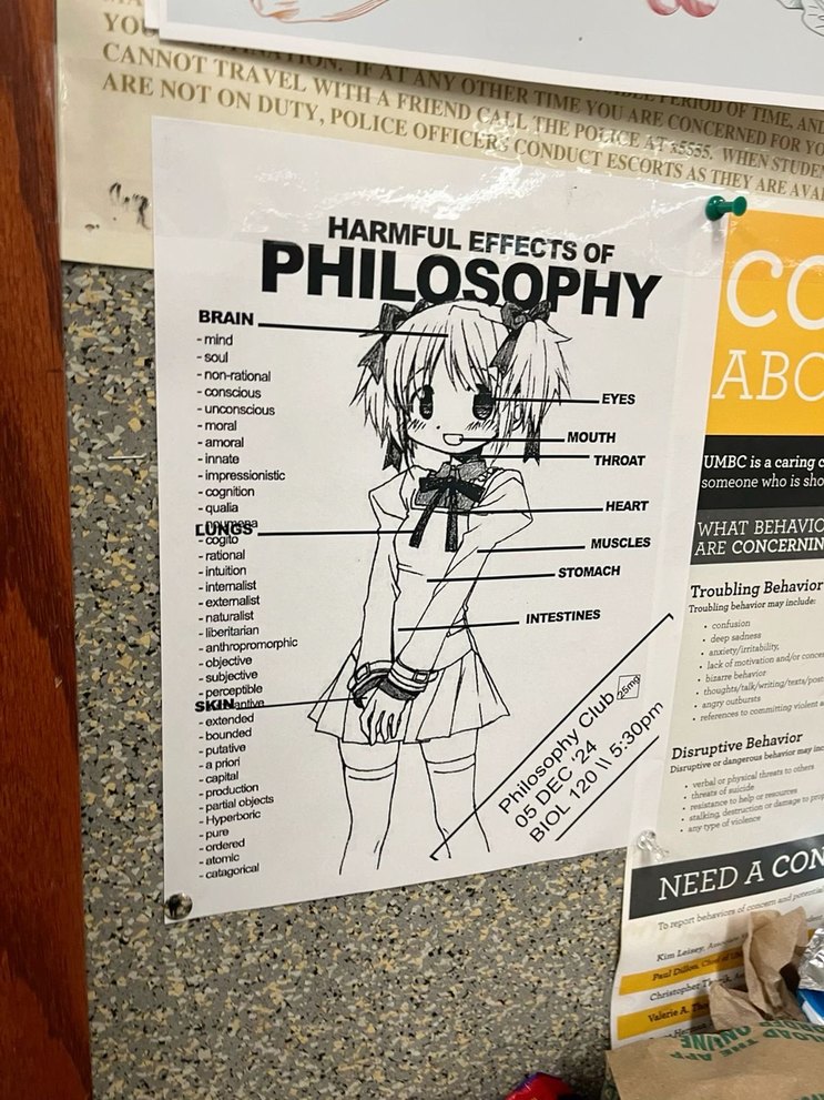EFECTOS NOCIVOS DE LA FILOSOFÍA
CEREBRO: mente, alma, no-racional, consciente, inconsciente, moral, amoral, innato, impresionista, cognición, qualia, cogito.
PULMONES: racional, intuición, internalista, externalista, naturalista, libertario, antropomórfico, objetivo, subjetivo.
PIEL: extendida, delimitada, putativa, a priori, capital, producción, o
