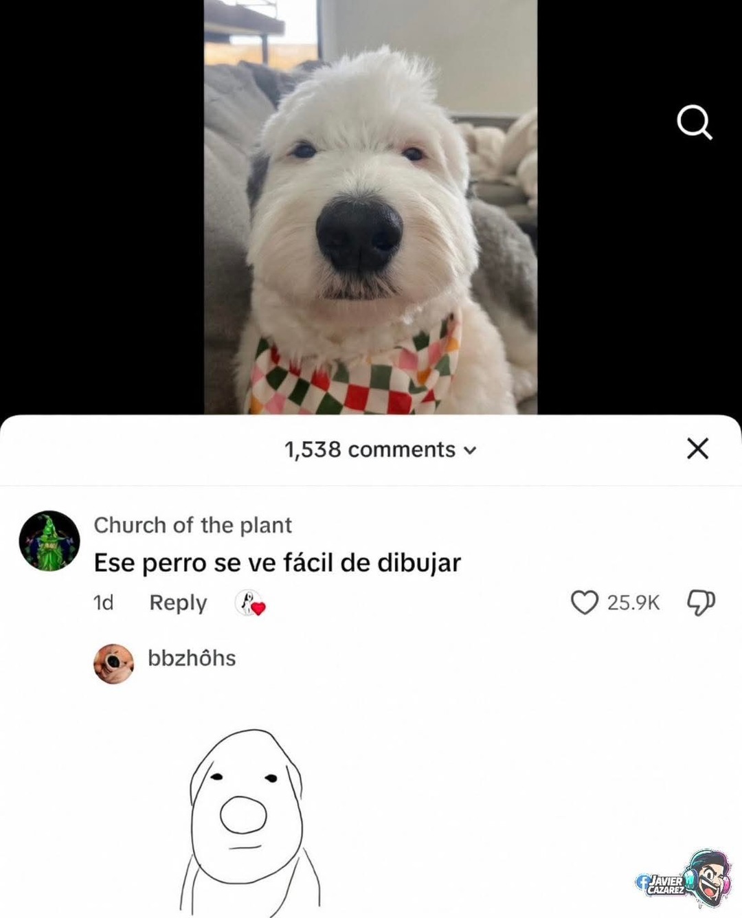 Un perro blanco y esponjoso con un pañuelo a cuadros. Un comentario dice: 'Ese perro se ve fácil de dibujar'. Debajo, hay un dibujo simple y minimalista del perro.