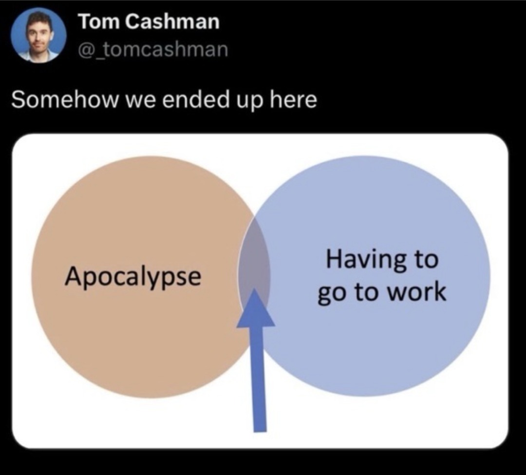 Tom Cashman @_tomcashman Somehow we ended up here Apocalypse Having to go to work