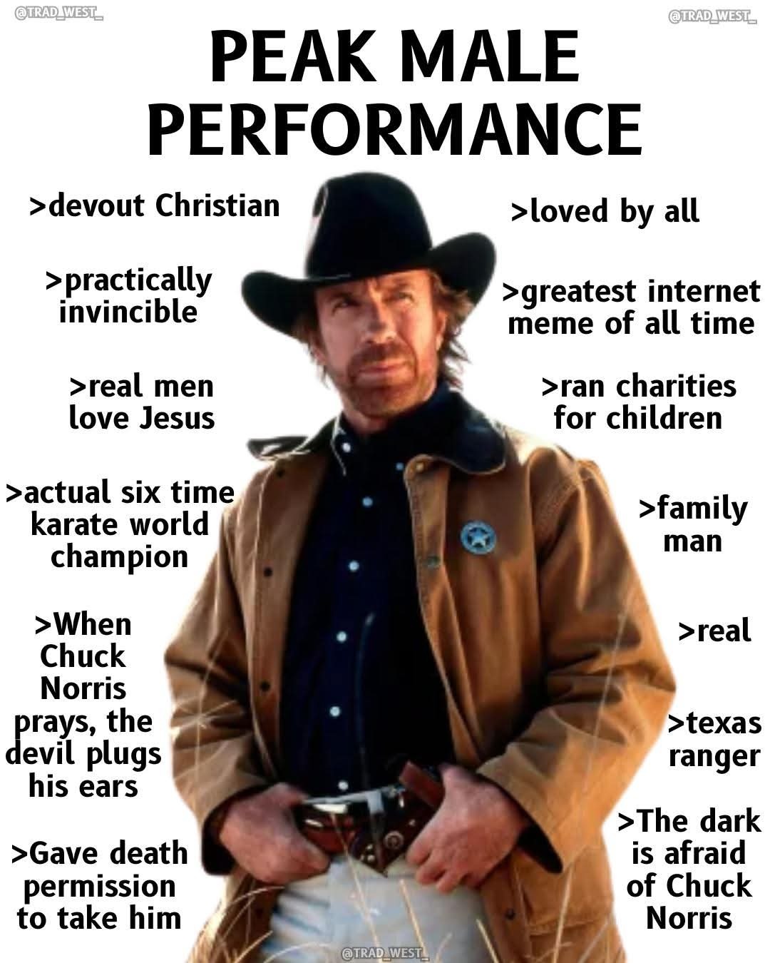 PEAK MALE PERFORMANCE devout Christian practically invincible real men love Jesus actual six time karate world champion When Chuck Norris prays, the devil plugs his ears Gave death permission to take him loved by all greatest internet meme of all time ran charities for children family man real texas ranger The dark is afraid of Chuck Norris