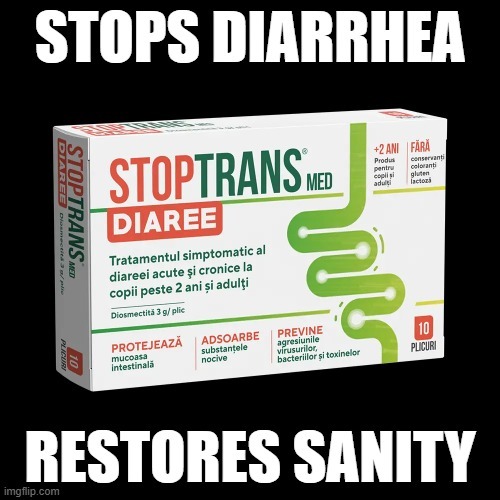 STOPS DIARRHEA RESTORES SANITY. The image shows a box of 'STOPTRANS DIAREE' medication. The text on the box describes it as a symptomatic treatment for acute and chronic diarrhea in children over 2 years old and adults. It contains Diosmectite 3g/sachet, protects intestinal mucosa, absorbs harmful substances, and prevents aggressions from viruses, 