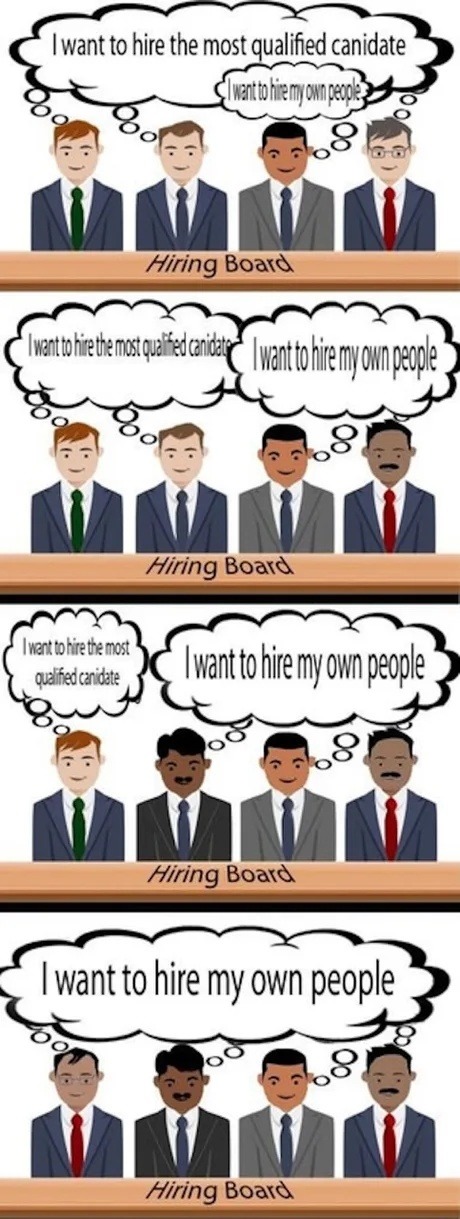 The comic strip shows a 'Hiring Board'. In the first panel, two members think 'I want to hire the most qualified candidate' and two think 'I want to hire my own people'. Progressively, more members shift their thought to 'I want to hire my own people', and their appearance changes to reflect this sentiment. In the final panel, all four board member