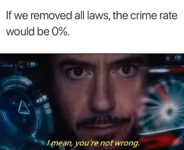 If we removed all laws, the crime rate would be 0%. I mean, you're not wrong.