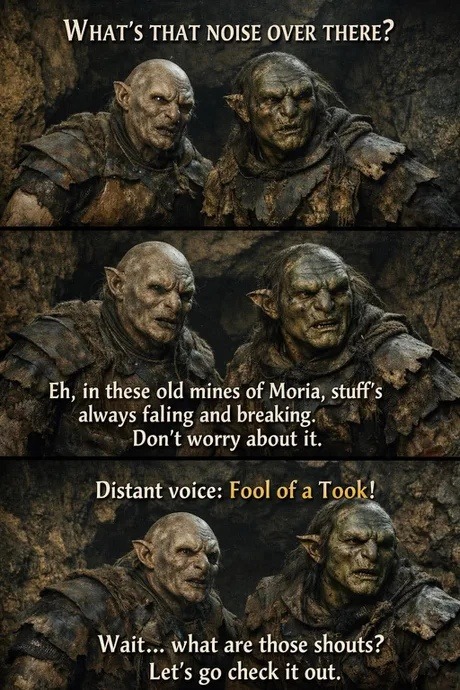 WHAT'S THAT NOISE OVER THERE? Eh, in these old mines of Moria, stuff's always falling and breaking. Don't worry about it. Distant voice: Fool of a Took! Wait... what are those shouts? Let's go check it out.