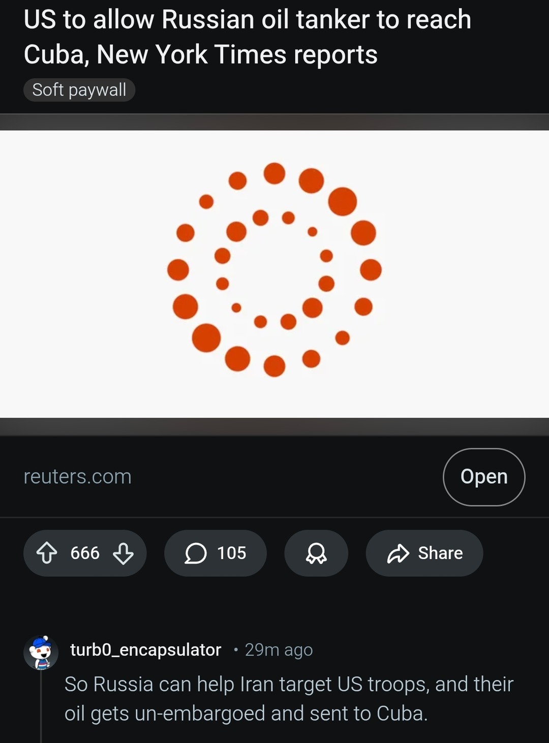 US to allow Russian oil tanker to reach Cuba, New York Times reports. So Russia can help Iran target US troops, and their oil gets un-embargoed and sent to Cuba.