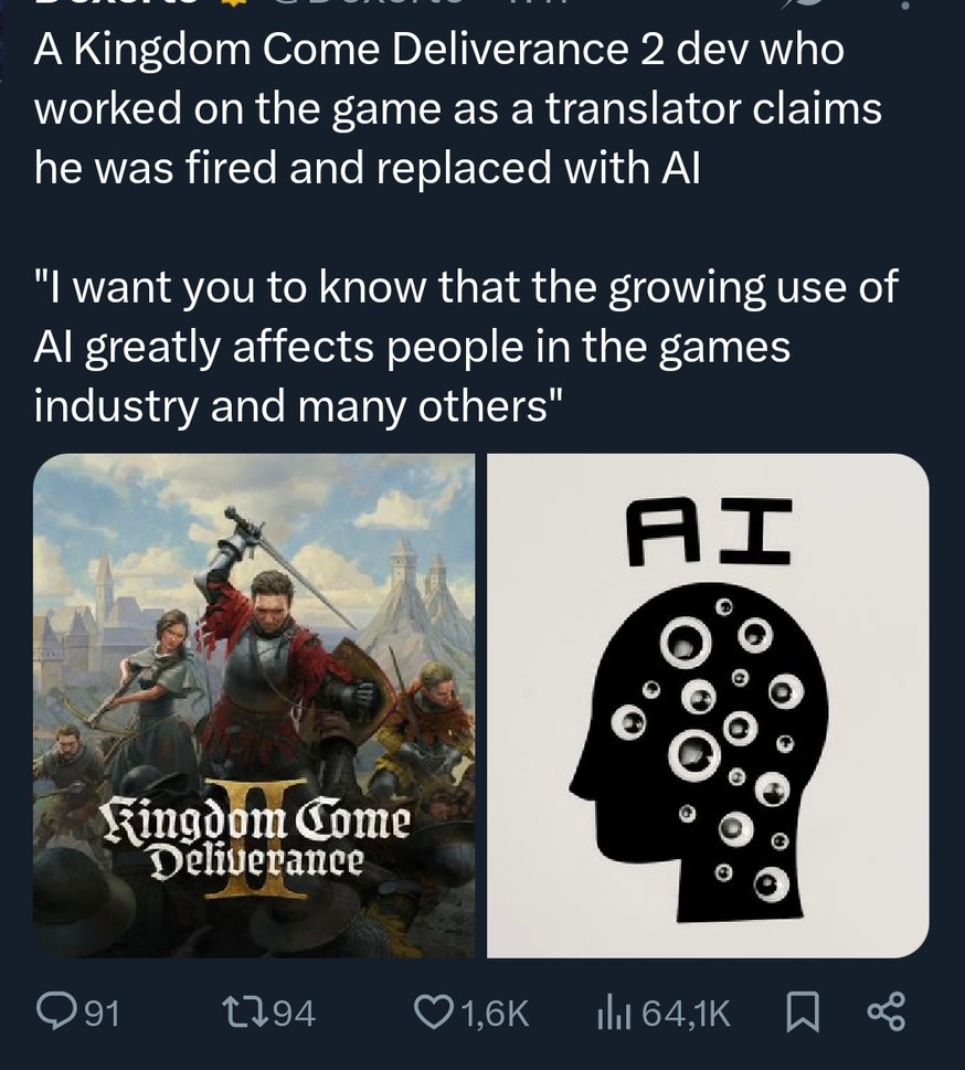 A Kingdom Come Deliverance 2 dev who worked on the game as a translator claims he was fired and replaced with AI. 