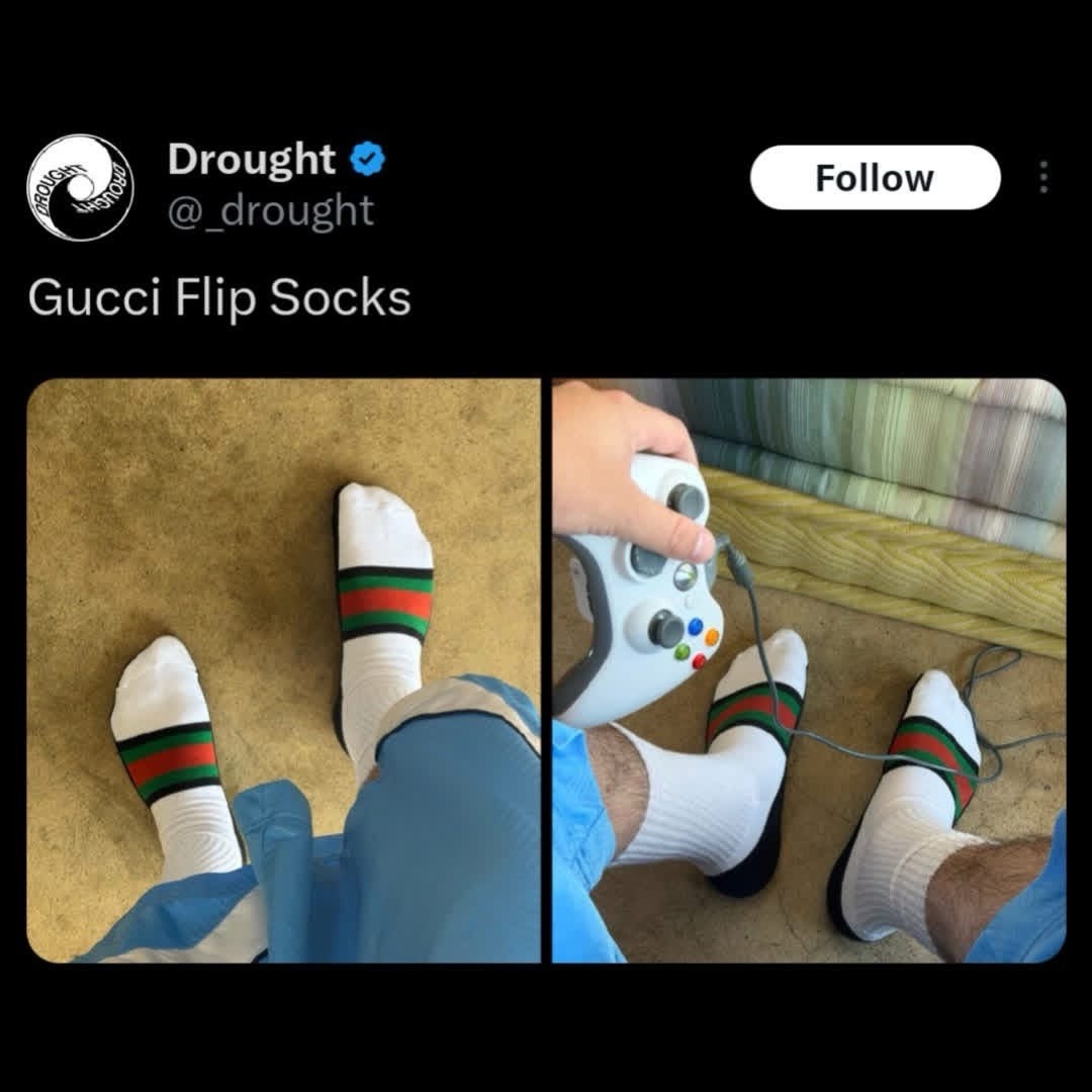 Gucci Flip Socks. A person is shown wearing white socks with green and red stripes, styled to look like flip-flops. In the second part of the image, the person is holding an Xbox controller, and wires appear to connect the controller to the socks, suggesting the socks are being used as a gaming input device.