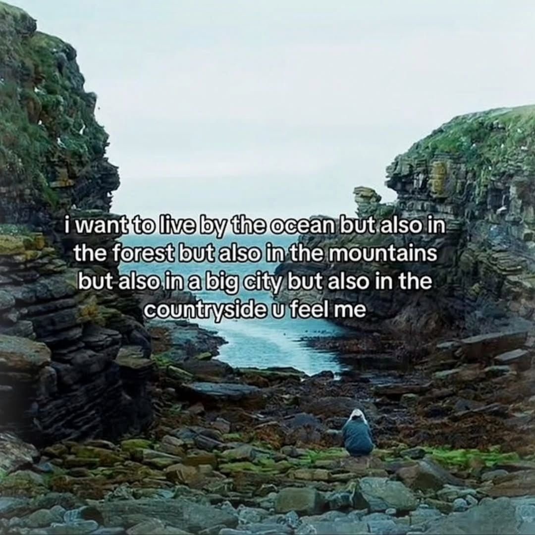 i want to live by the ocean but also in the forest but also in the mountains but also in a big city but also in the countryside u feel me