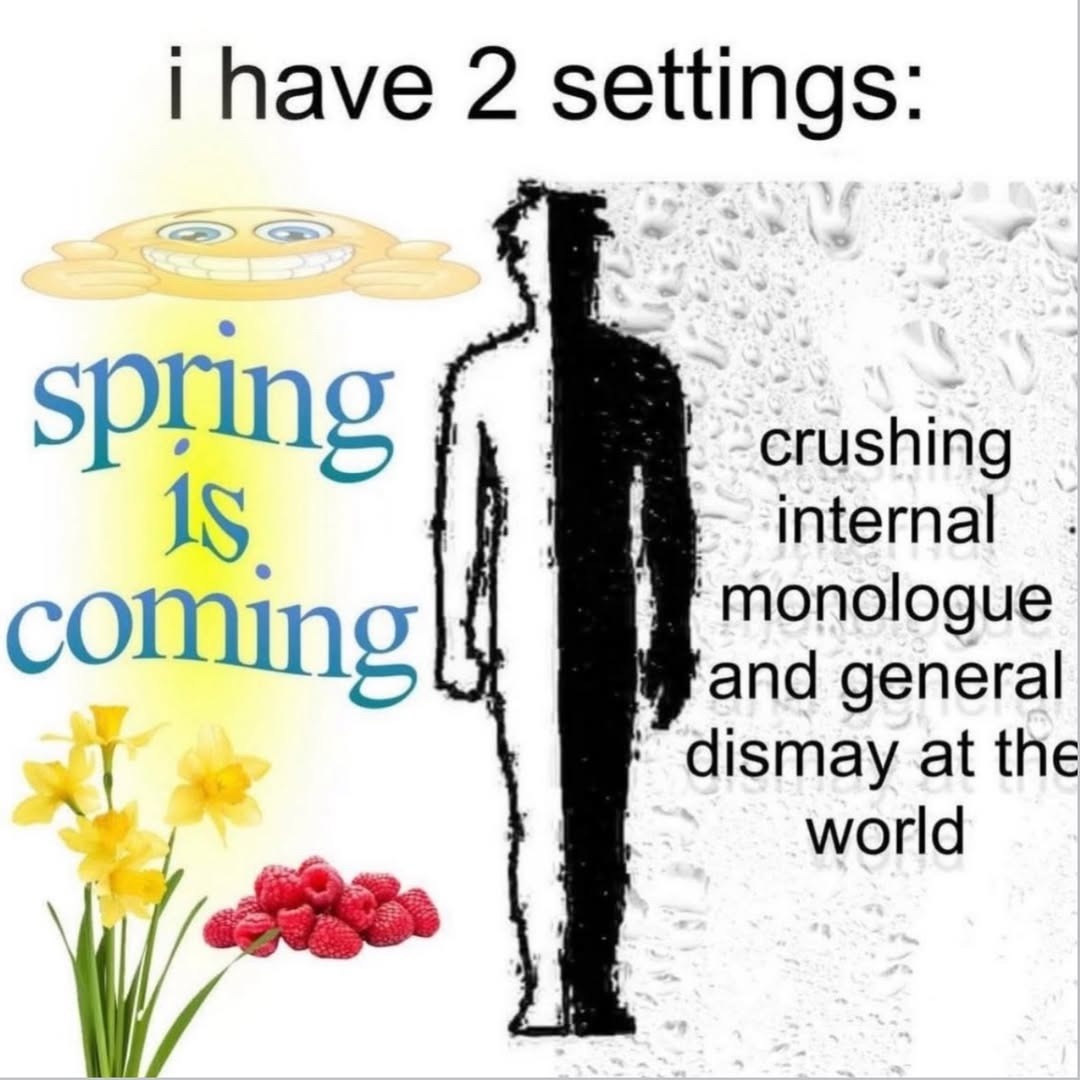 i have 2 settings: spring is coming crushing internal monologue and general dismay at the world