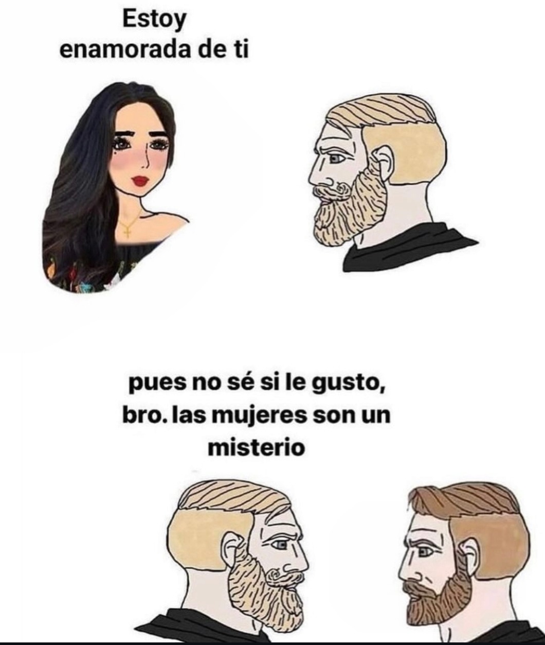 Estoy enamorada de ti. Pues no sé si le gusto, bro. Las mujeres son un misterio.