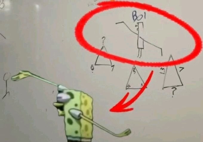 Boi. En una pizarra blanca, hay dibujos de triángulos con números y ángulos, y una figura de palo. Un círculo rojo rodea la figura de palo y la palabra 'Boi'. Una flecha roja apunta hacia una imagen de Bob Esponja con el cuello y los brazos estirados, mostrando una expresión de confusión o disgusto.