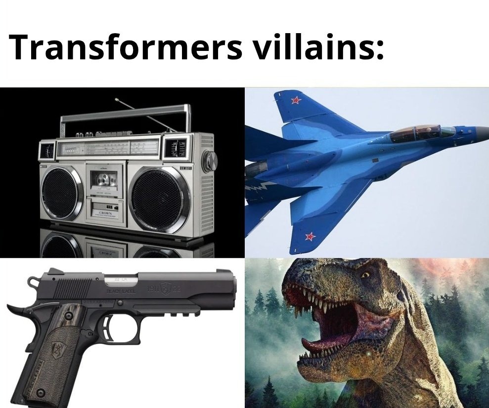 Transformers villains: Un radiocasete, un avión de combate azul, una pistola y un Tyrannosaurus Rex.