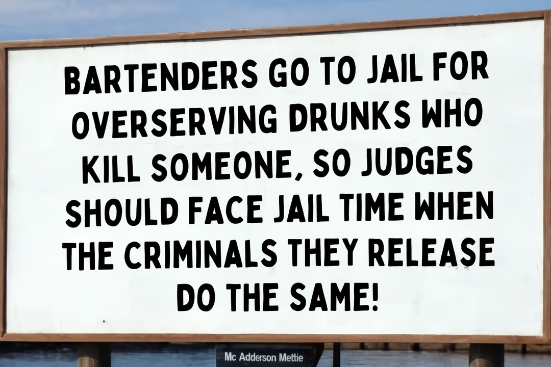 BARTENDERS GO TO JAIL FOR OVERSERVING DRUNKS WHO KILL SOMEONE, SO JUDGES SHOULD FACE JAIL TIME WHEN THE CRIMINALS THEY RELEASE DO THE SAME!