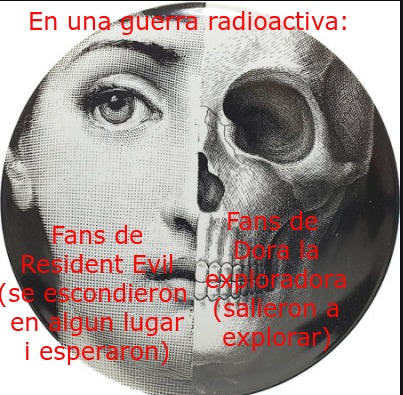 En una guerra radioactiva: Fans de Resident Evil (se escondieron en algún lugar y esperaron) Fans de Dora la exploradora (salieron a explorar)