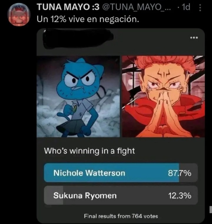 TUNA MAYO :3 @TUNA_MAYO_... 1d Un 12% vive en negación. ¿Quién está ganando en una pelea? Nichole Watterson 87.7% Sukuna Ryomen 12.3% Resultados finales de 764 votos