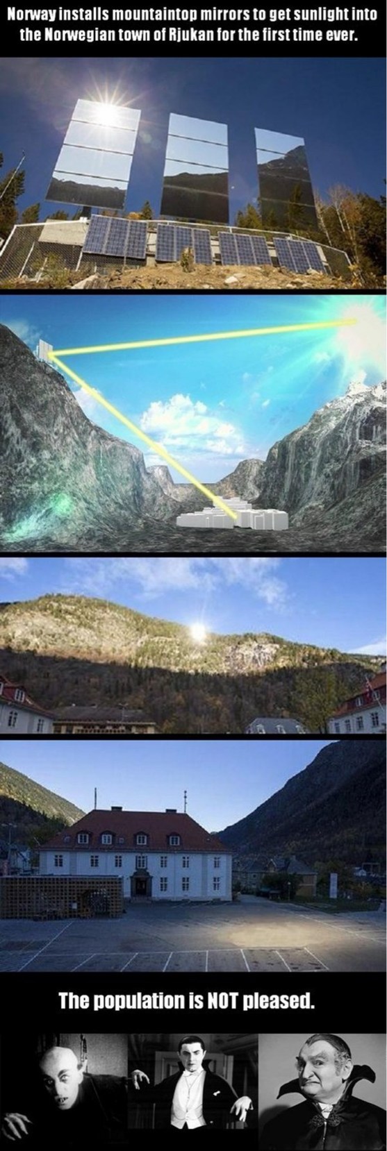 Norway installs mountaintop mirrors to get sunlight into the Norwegian town of Rjukan for the first time ever. The population is NOT pleased.