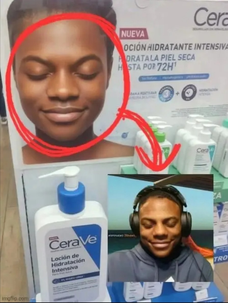 NOVA LOÇÃO HIDRATANTE INTENSIVA HIDRATA A PELE SECA POR ATÉ 72H¹. CeraVe Loção de Hidratação Intensiva. Um meme que compara o rosto de uma pessoa em um anúncio de loção CeraVe com o rosto de um streamer/jogador, ambos com os olhos fechados e sorrindo.