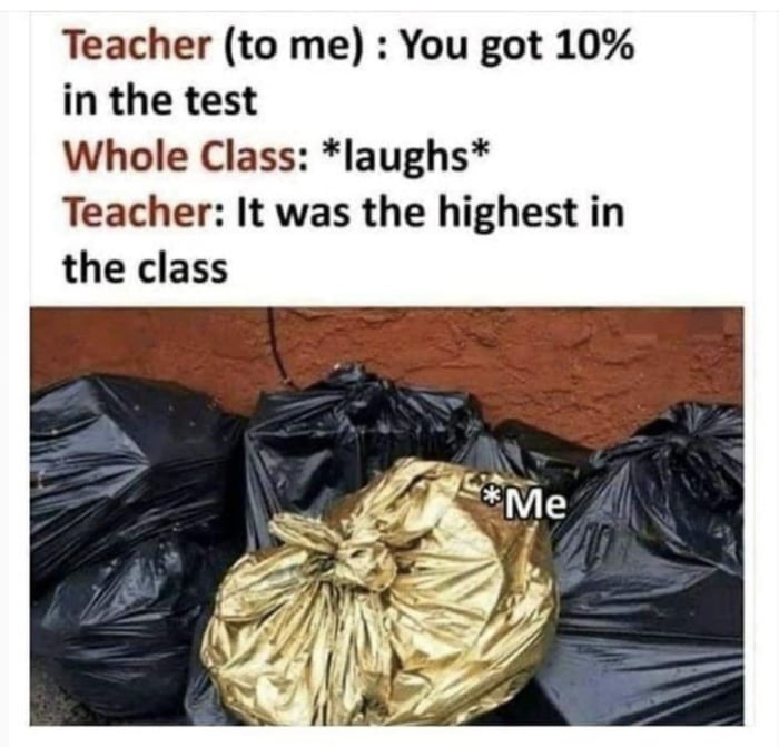 Teacher (to me): You got 10% in the test. Whole Class: *laughs*. Teacher: It was the highest in the class. *Me