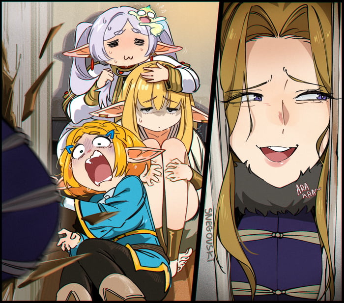 ARA ARA. Three scared elf-like characters are huddled together, looking terrified as wooden splinters fly around them. A fourth, older-looking character with a mischievous smile observes them from the side.