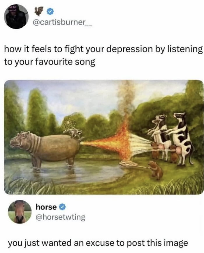 how it feels to fight your depression by listening to your favourite song. you just wanted an excuse to post this image