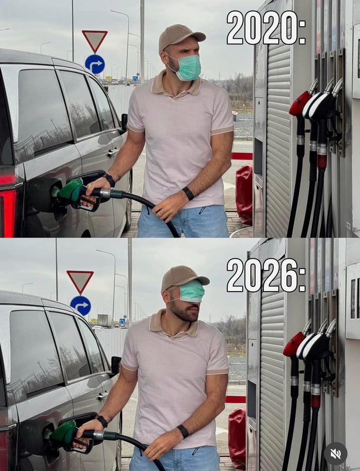 2020: A man wearing a medical mask correctly, covering his mouth and nose, is fueling his car at a gas station. 2026: The same man is at the gas station, fueling his car, but now he is wearing the medical mask over his eyes.