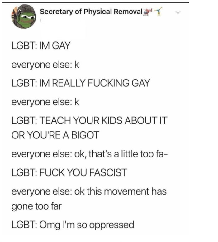 Secretary of Physical Removal. LGBT: I'M GAY. everyone else: k. LGBT: I'M REALLY FUCKING GAY. everyone else: k. LGBT: TEACH YOUR KIDS ABOUT IT OR YOU'RE A BIGOT. everyone else: ok, that's a little too far. LGBT: FUCK YOU FASCIST. everyone else: ok this movement has gone too far. LGBT: Omg I'm so oppressed.