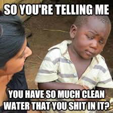 SO YOU'RE TELLING ME YOU HAVE SO MUCH CLEAN WATER THAT YOU SHIT IN IT?