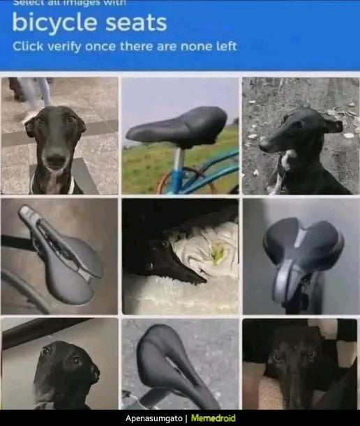 Select all images with bicycle seats Click verify once there are none left Apenasumgato | Memedroid