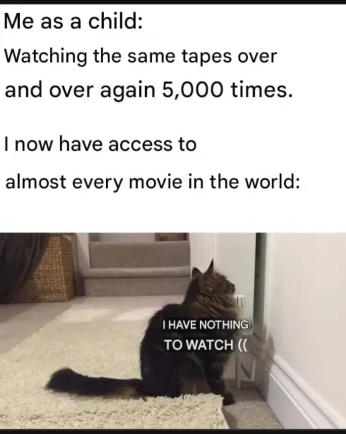 Me as a child: Watching the same tapes over and over again 5,000 times. I now have access to almost every movie in the world: I HAVE NOTHING TO WATCH ((