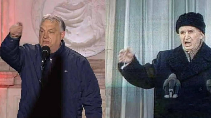 A side-by-side comparison of two men. On the left, Viktor Orbán, the Prime Minister of Hungary, is speaking at a microphone, raising his right arm with a clenched fist. On the right, an older man in a winter coat and hat is also shown with an expressive face and raised arm, mimicking a similar gesture.