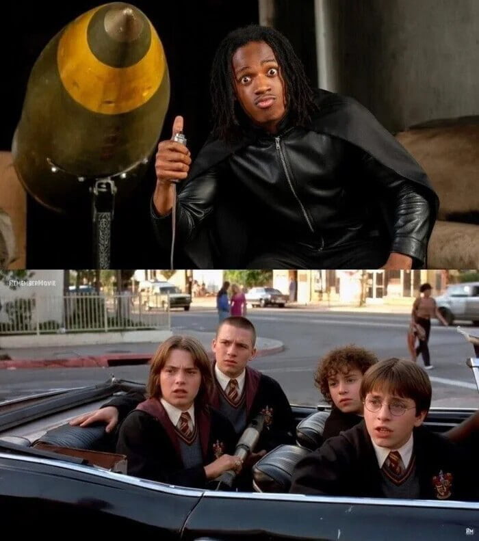 REMEMBERMOVIE. A man with dreadlocks in a black leather jacket and cape holds a detonator next to a large bomb. Below, four young people dressed in school uniforms, resembling Harry Potter characters, are in a convertible car, looking shocked and surprised.