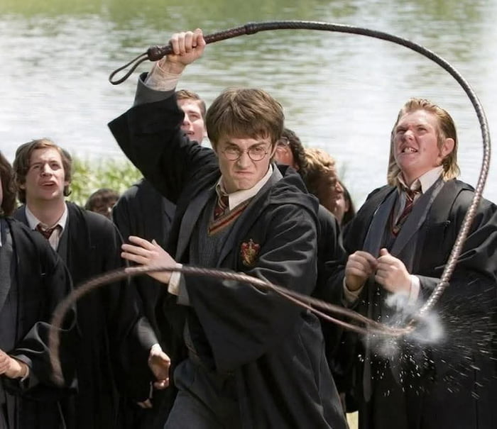Harry Potter, dressed in Hogwarts robes, wields a whip with an angry expression, while other students look on. The whip appears to be cracking.