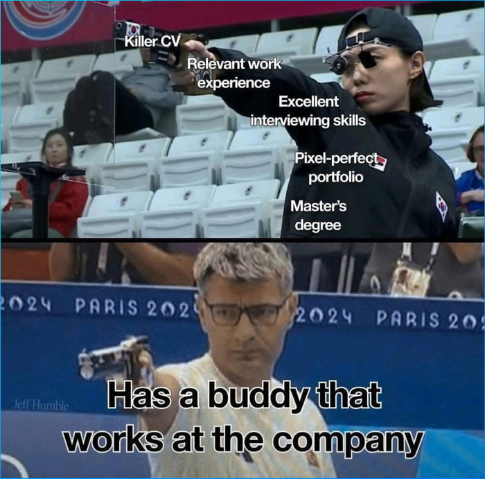 Killer CV Relevant work experience Excellent interviewing skills Pixel-perfect portfolio Master's degree Has a buddy that works at the company 2024 PARIS 2024 Jeff Humble