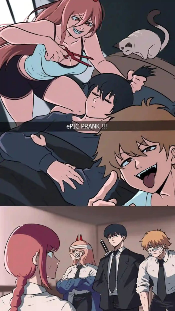 ePIC PRANK !!! A character with long pink hair and a mischievous grin is about to cut the hair of a sleeping person with scissors. Another character with sharp teeth and a wide grin is next to them. In the next scene, the characters who performed the prank are bandaged, facing a stern-looking group.