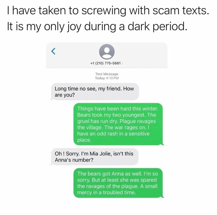 I have taken to screwing with scam texts. It is my only joy during a dark period. Long time no see, my friend. How are you? Things have been hard this winter. Bears took my two youngest. The gruel has run dry. Plague ravages the village. The war rages on. I have an odd rash in a sensitive place. Oh! Sorry. I'm Mia Jolie, isn't this Anna's number? T