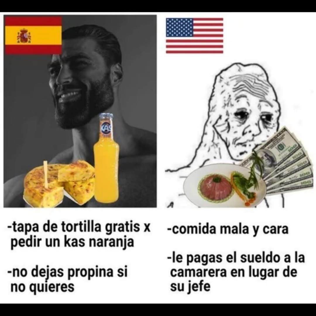 tapa de tortilla gratis x pedir un kas naranja, no dejas propina si no quieres, comida mala y cara, le pagas el sueldo a la camarera en lugar de su jefe