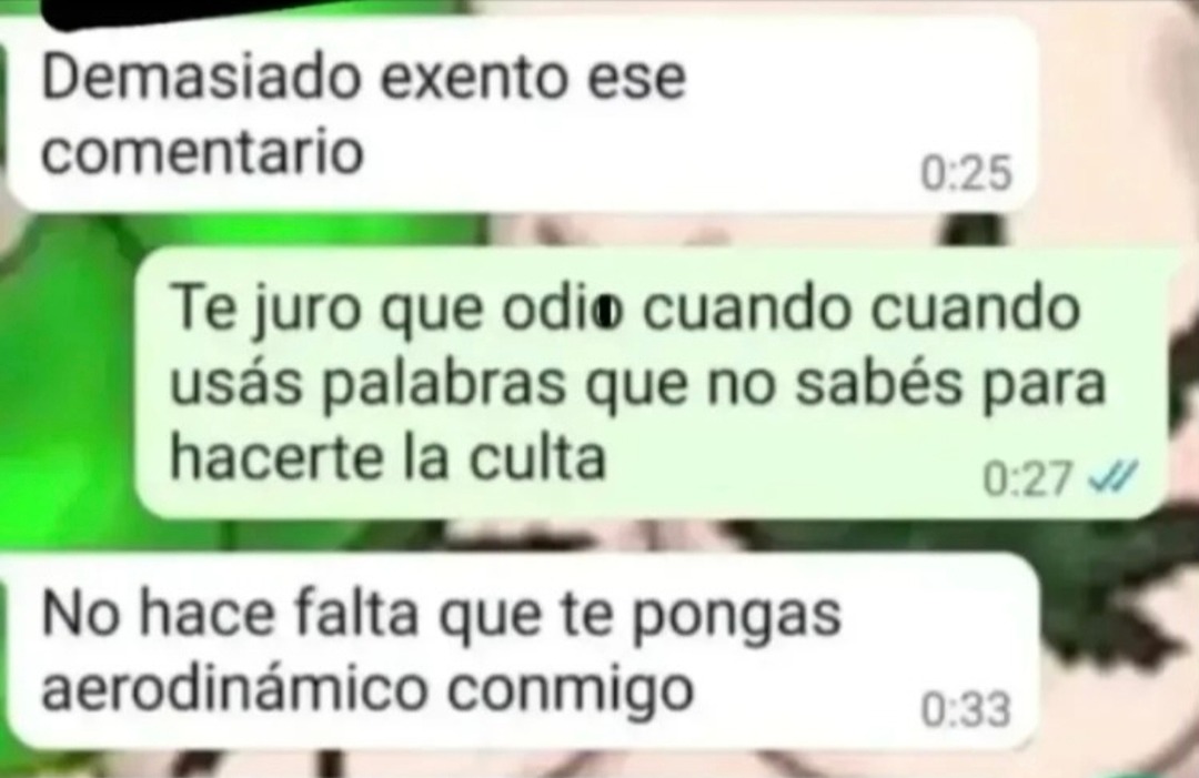 Demasiado exento ese comentario. Te juro que odio cuando usás palabras que no sabés para hacerte la culta. No hace falta que te pongas aerodinámico conmigo.